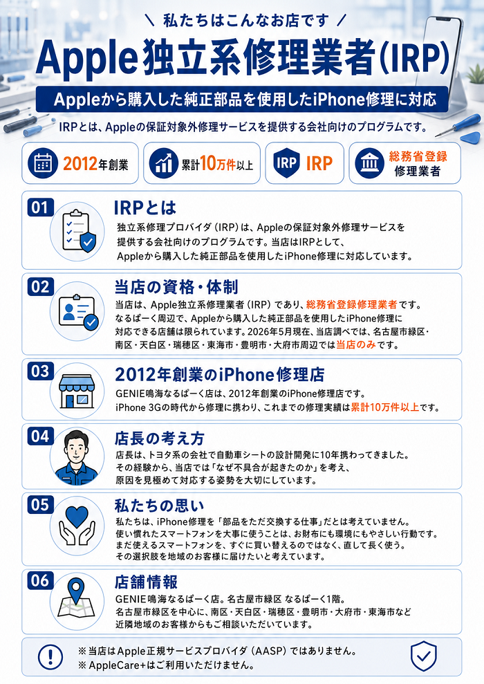 GENIE鳴海なるぱーく店はApple独立系修理プロバイダIRPであり総務省登録修理業者です